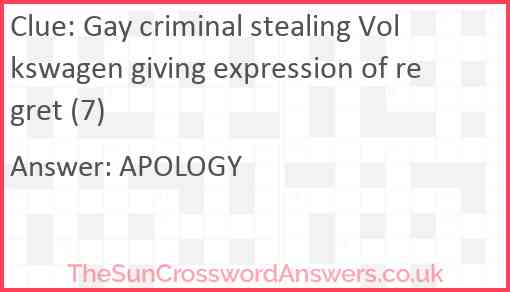 Gay criminal stealing Volkswagen giving expression of regret (7) Answer