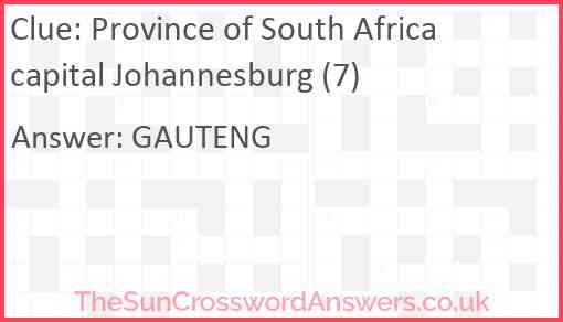 Province of South Africa capital Johannesburg (7) Answer